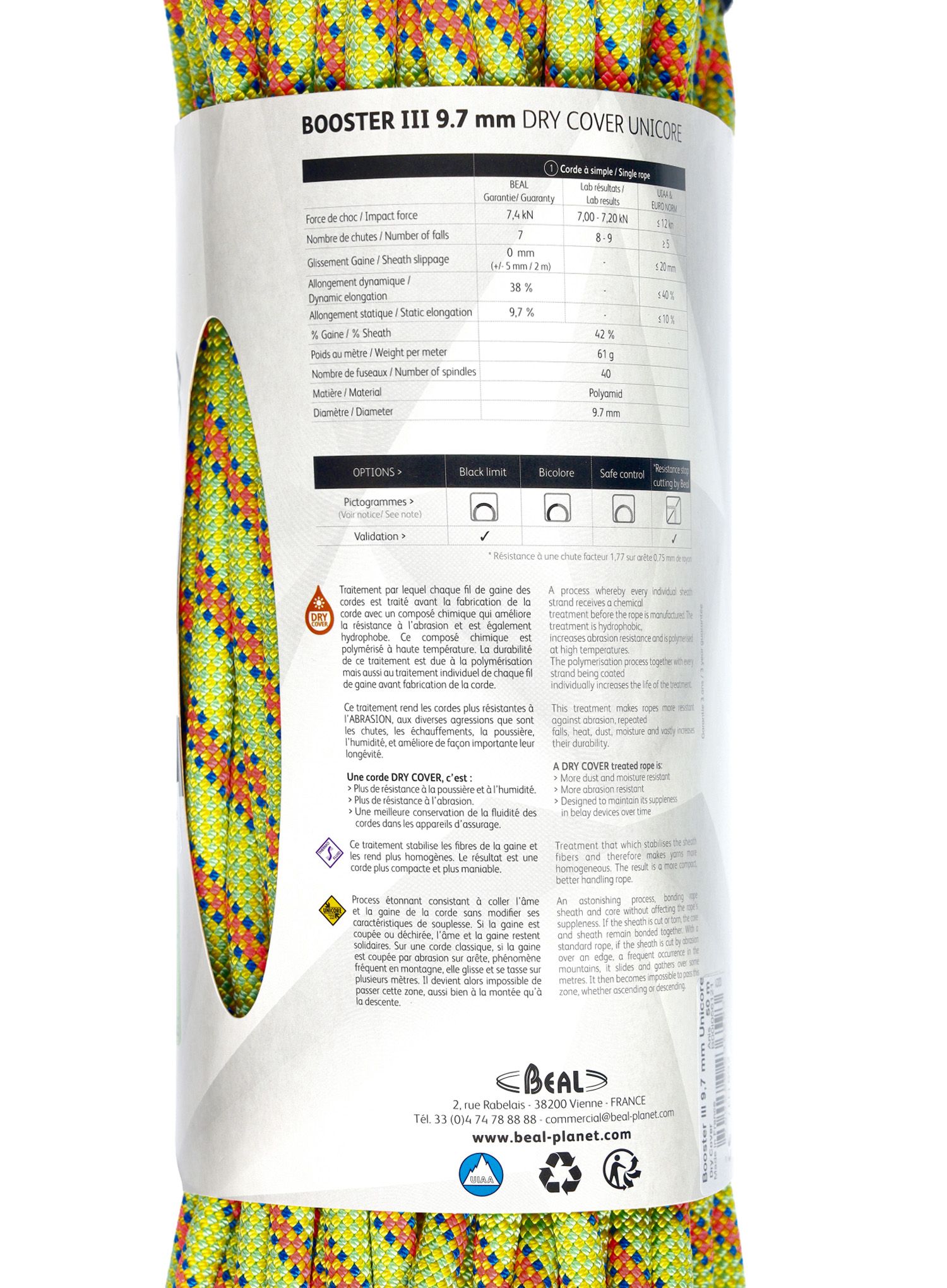 Мотузка динамічна Beal Booster III 9,7 mm 50 m Unicore Dry Cover - anis