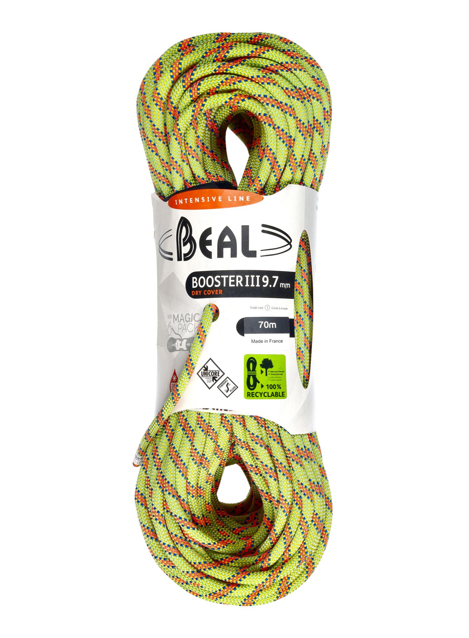 Мотузка динамічна Beal Booster III 9,7 mm 70 m Unicore Dry Cover - anis
