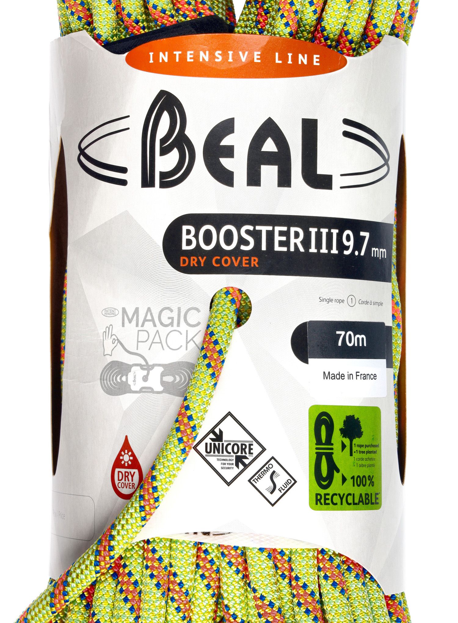 Мотузка динамічна Beal Booster III 9,7 mm 70 m Unicore Dry Cover - anis