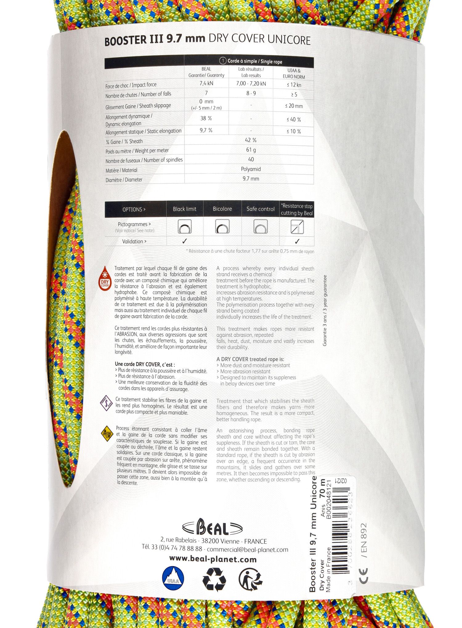 Мотузка динамічна Beal Booster III 9,7 mm 70 m Unicore Dry Cover - anis