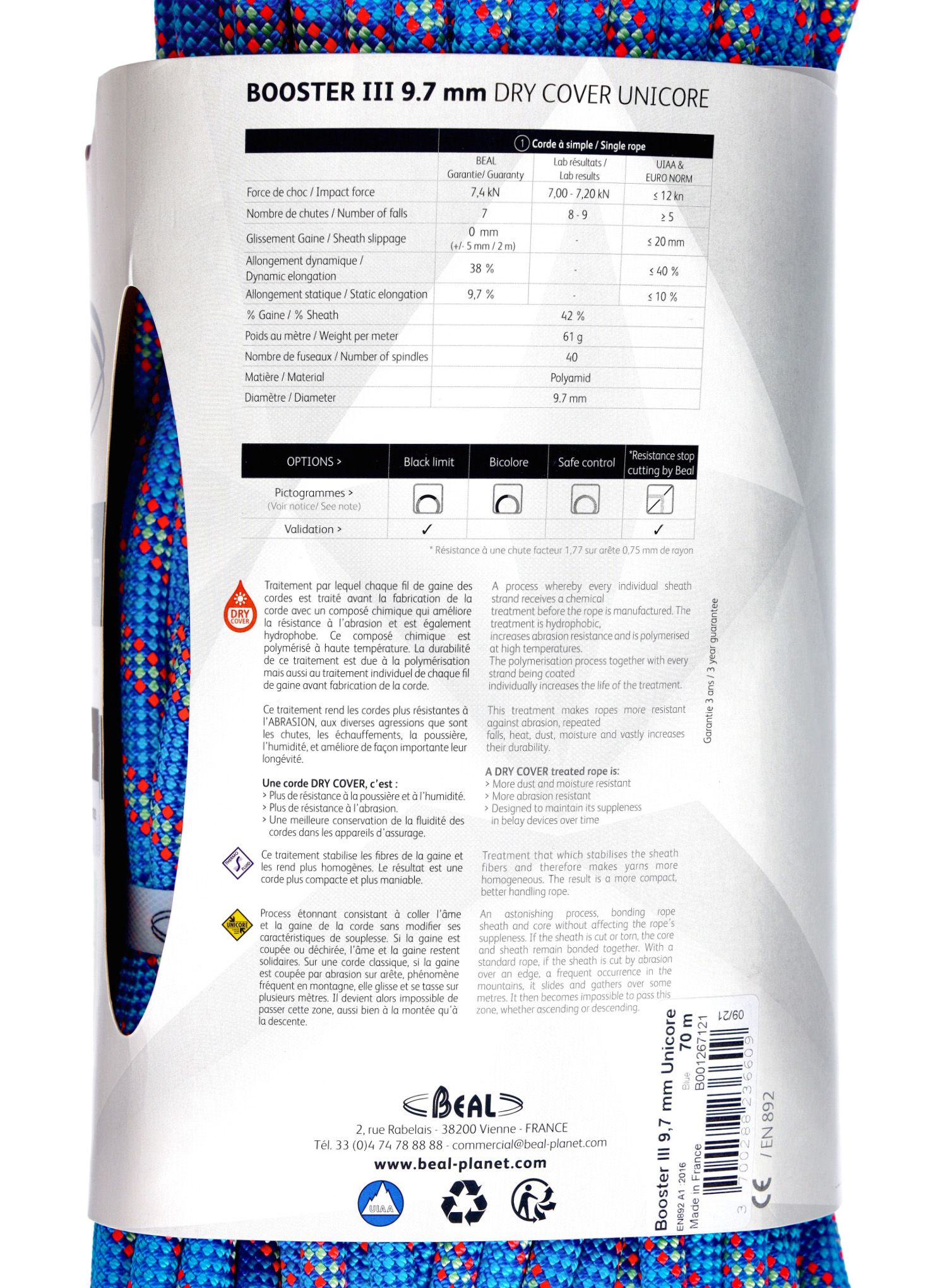 Мотузка для альпінізму Beal Booster III 9,7 mm 70 m Unicore Dry Cover - blue