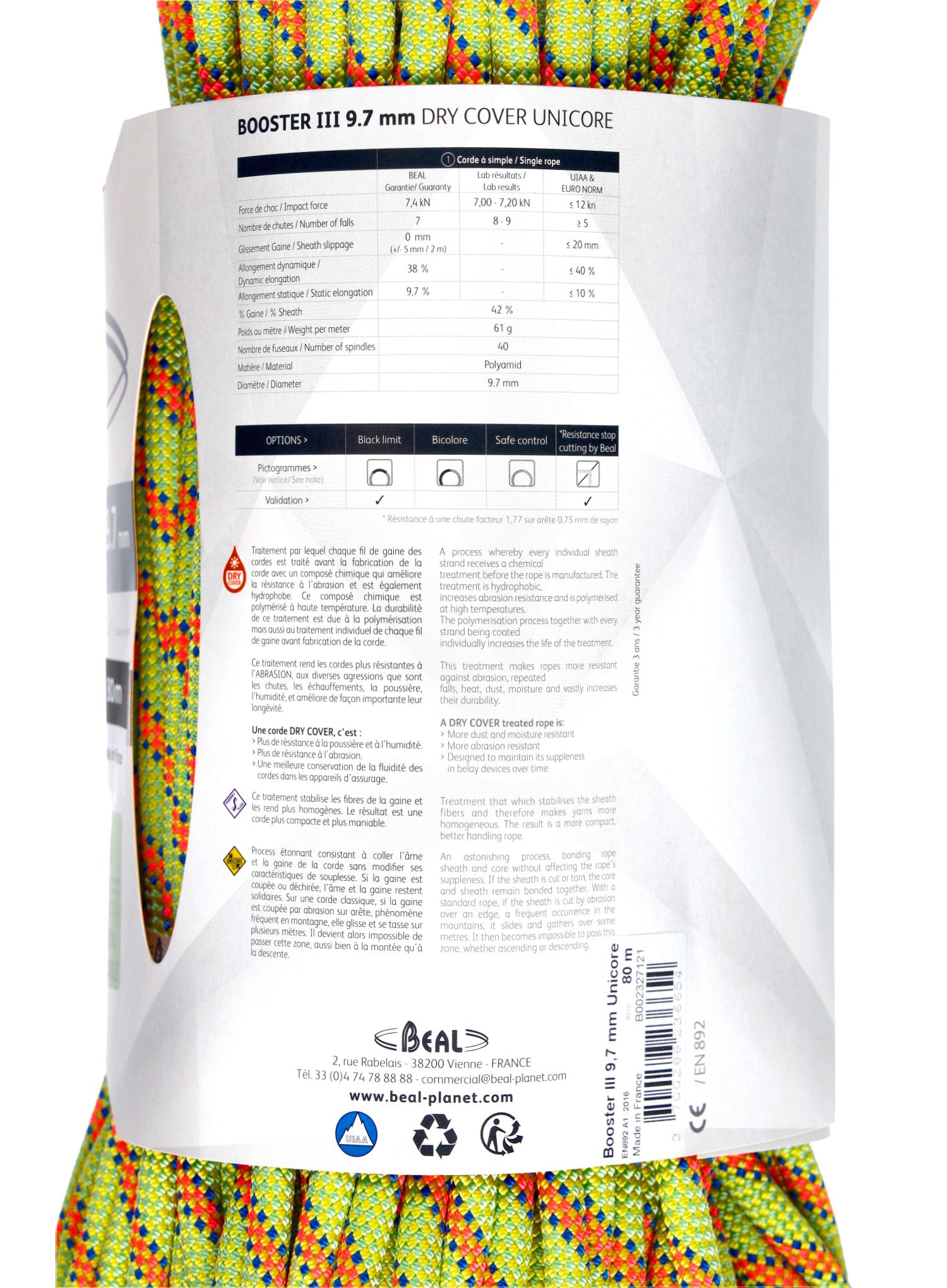 Мотузка динамічна Beal Booster III 9,7 mm 80 m Unicore Dry Cover - anis