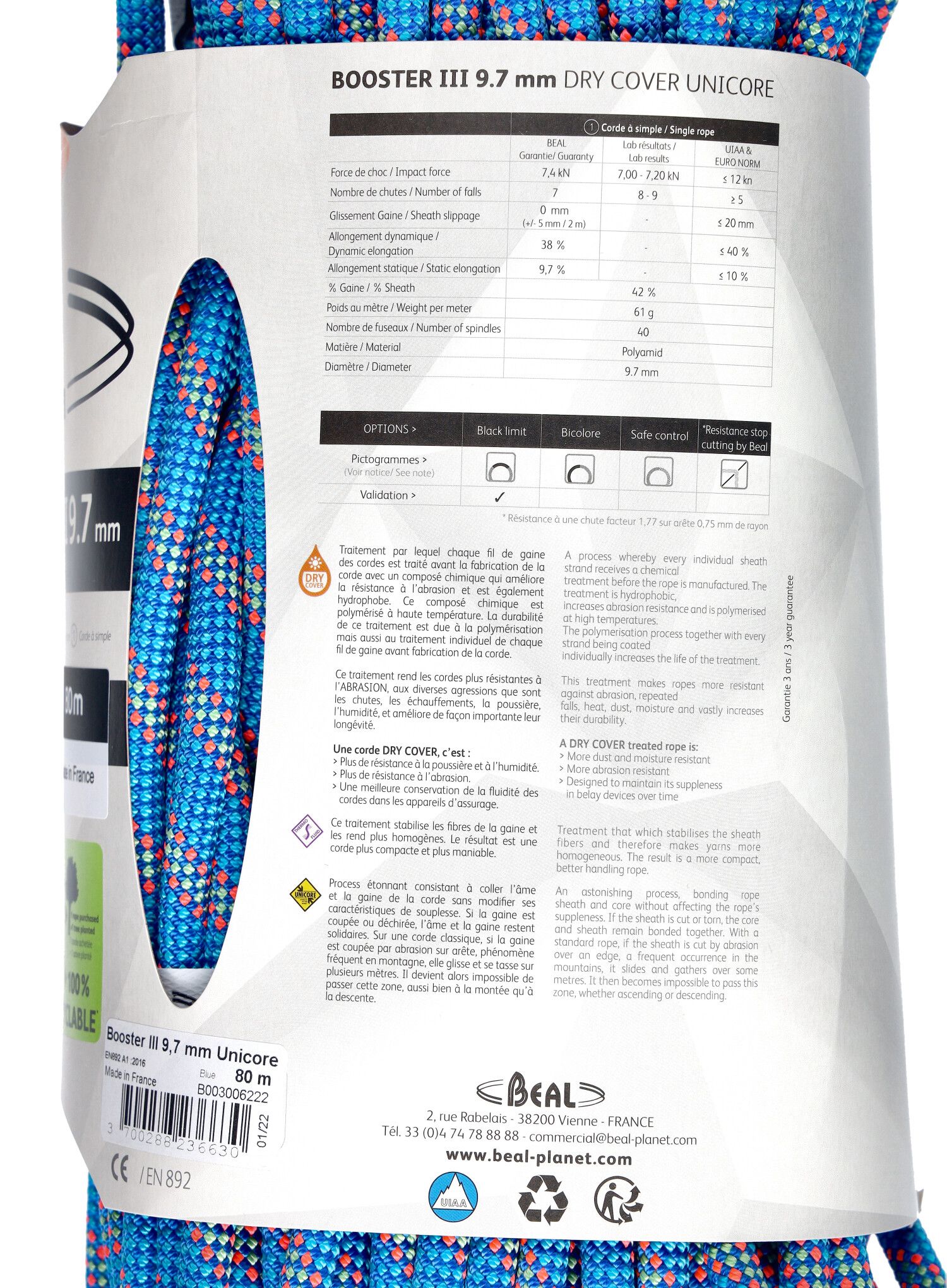 Мотузка динамічна Beal Booster III 9,7 mm 80 m Unicore Dry Cover - blue
