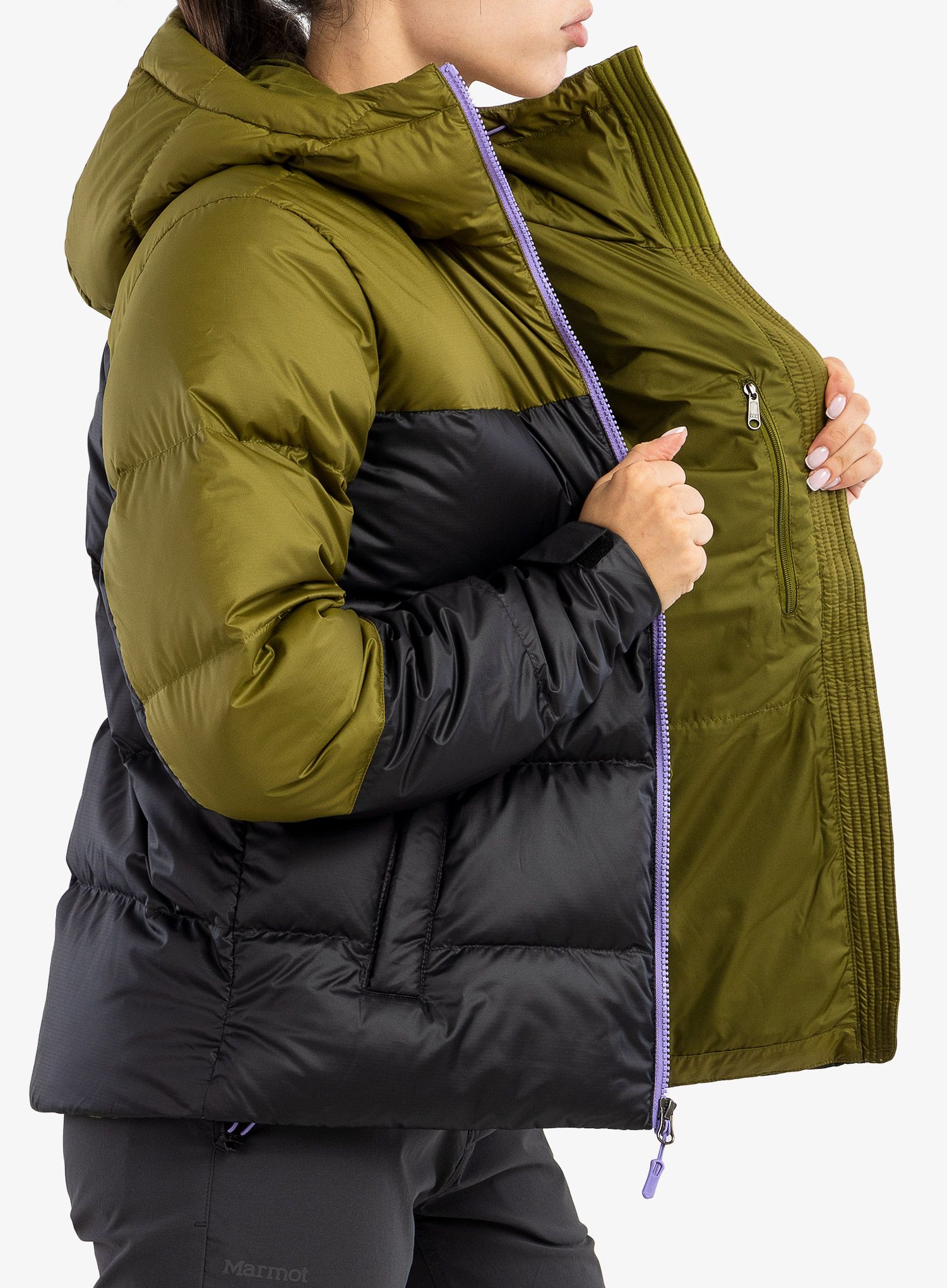Пуховик жіноча Marmot Guides Down Hoody - black/military green