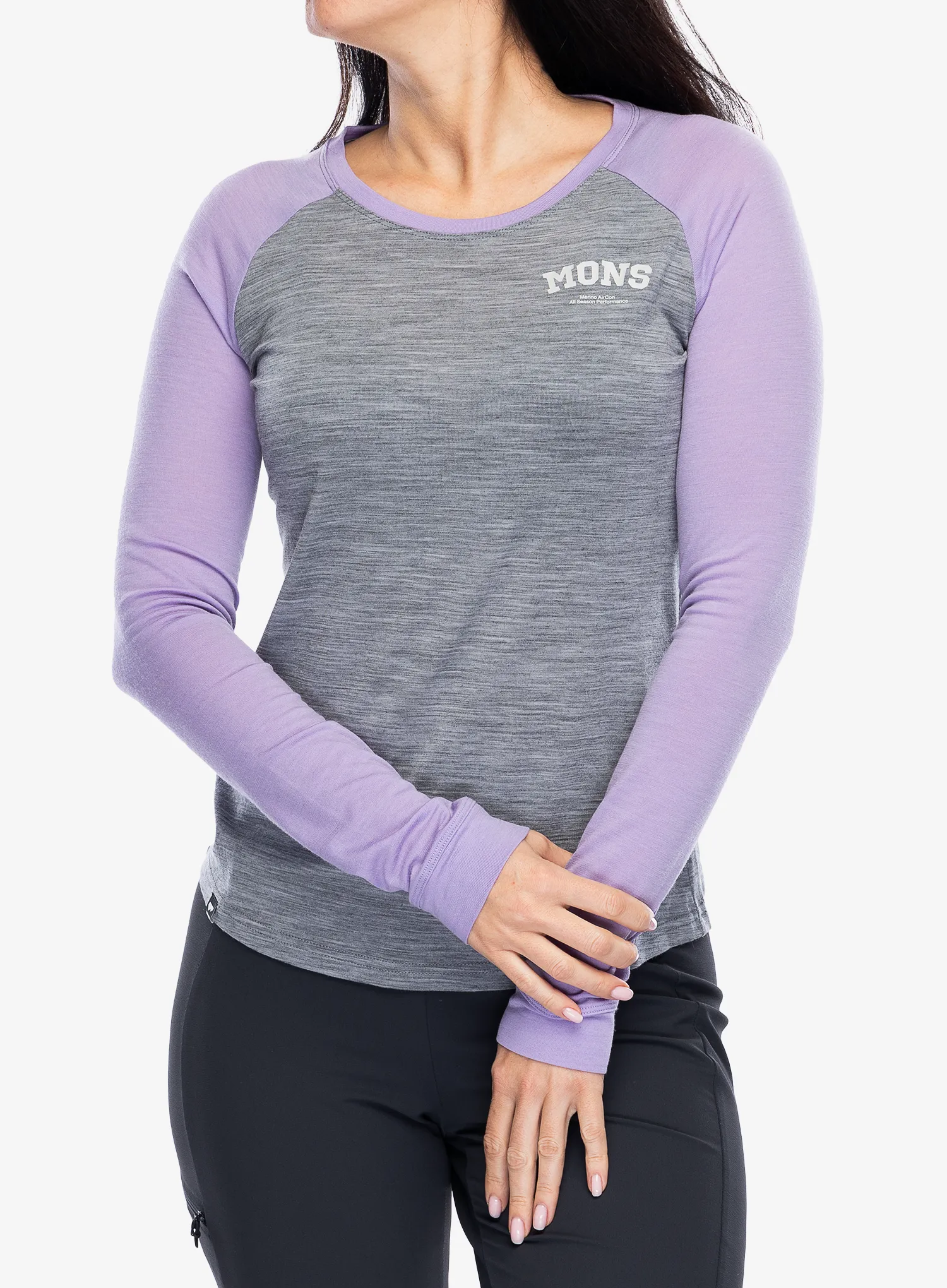 Кофта жіноча Mons Royale Icon Raglan - grey heather/lupin