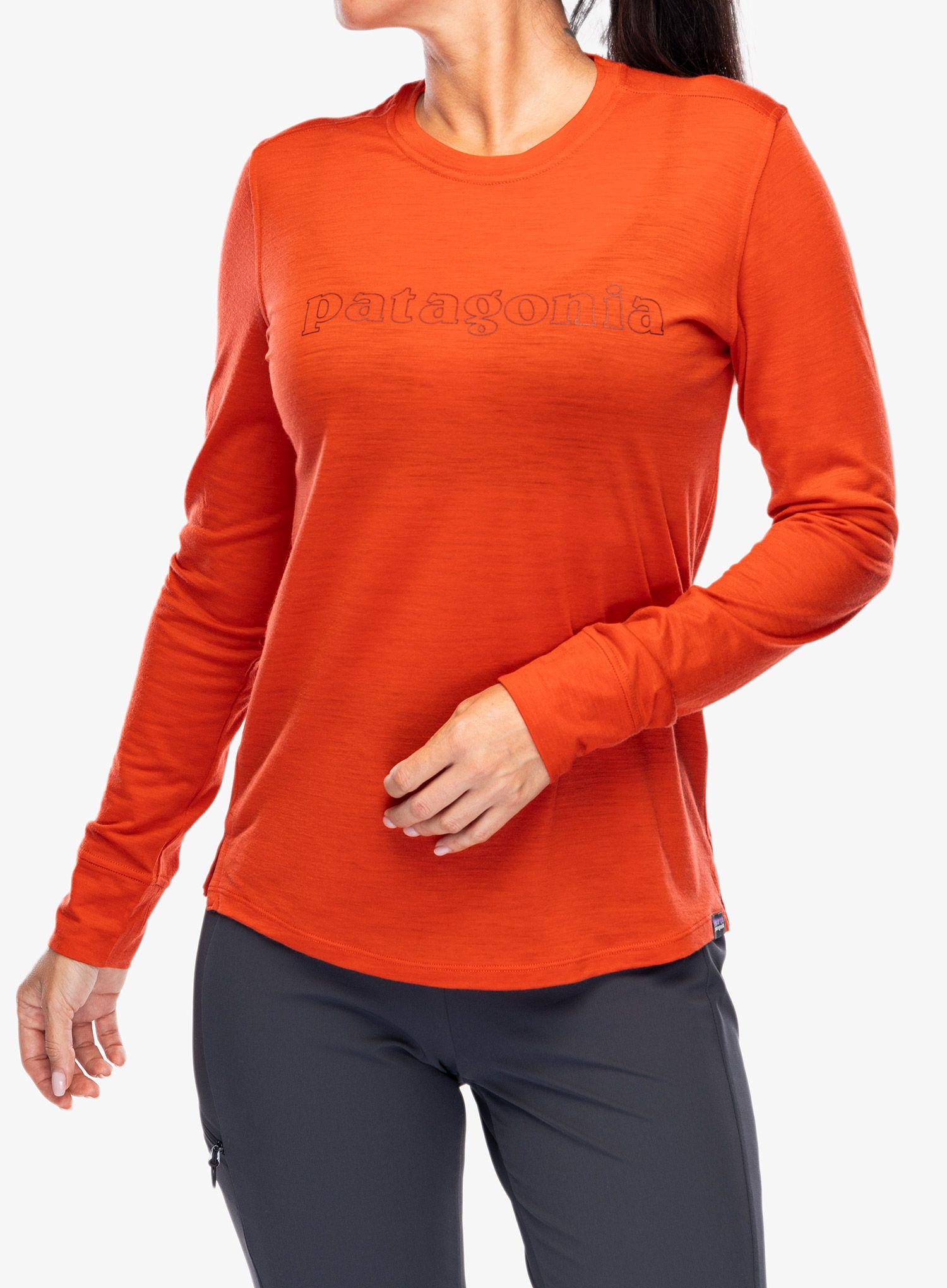 Кофта жіноча Patagonia L/S Cap Cool Merino Graphic - outline text logo madder red