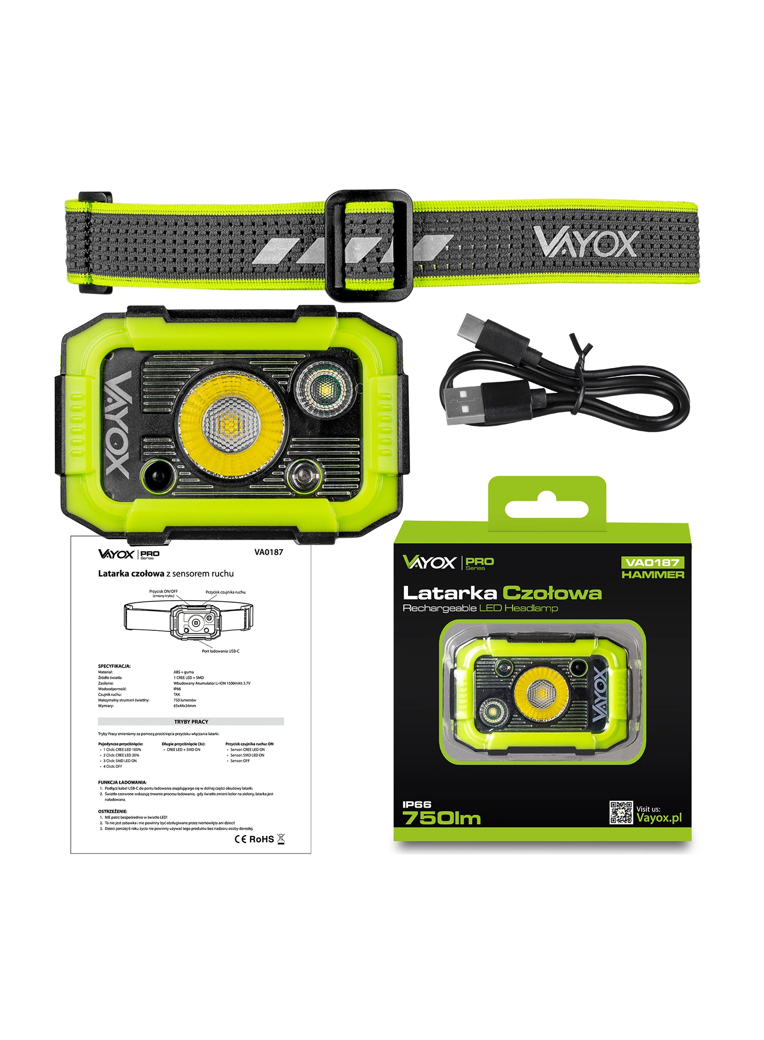 Ліхтар налобний Vayox VA0187 (750 lm)