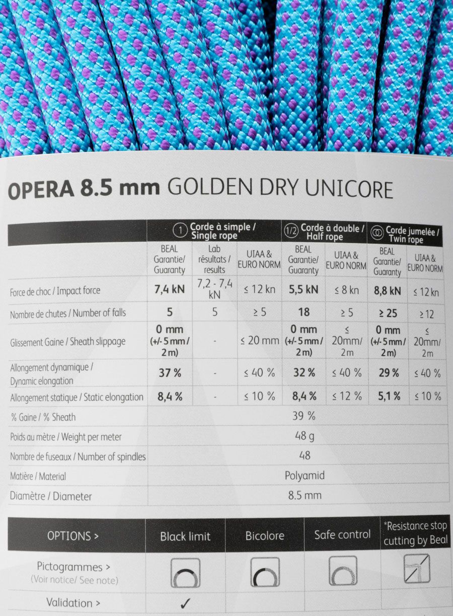 Мотузка динамічна Beal Opera 8,5 mm 70 m Unicore Golden Dry - blue