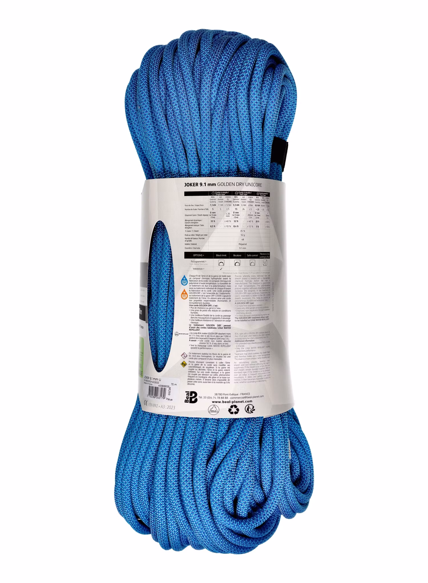 Мотузка для альпінізму Beal Joker Unicore 9,1 mm x 70 m Golden Dry - blue