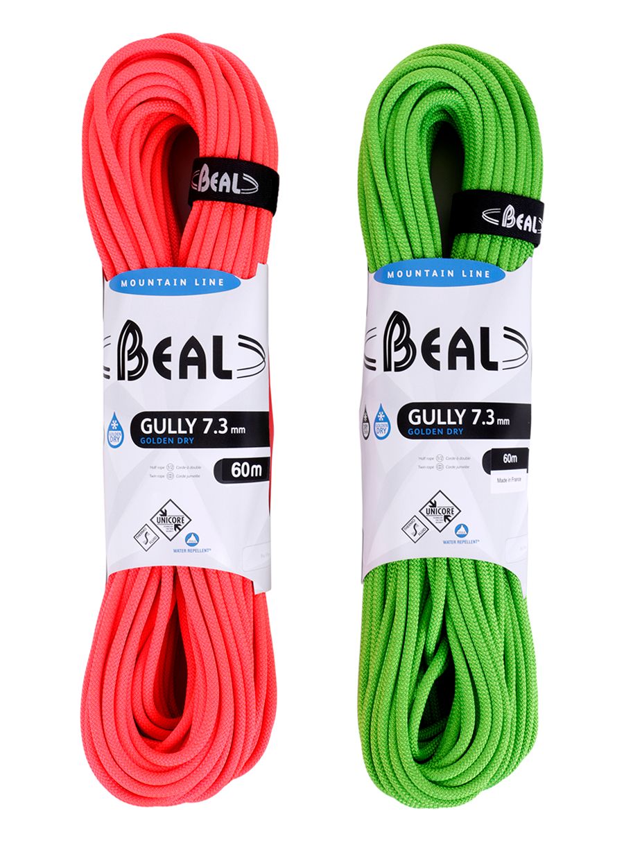 Мотузка подвійна Beal Gully 7,3 mm 60 m Unicore Golden Dry x 2 - orange/green