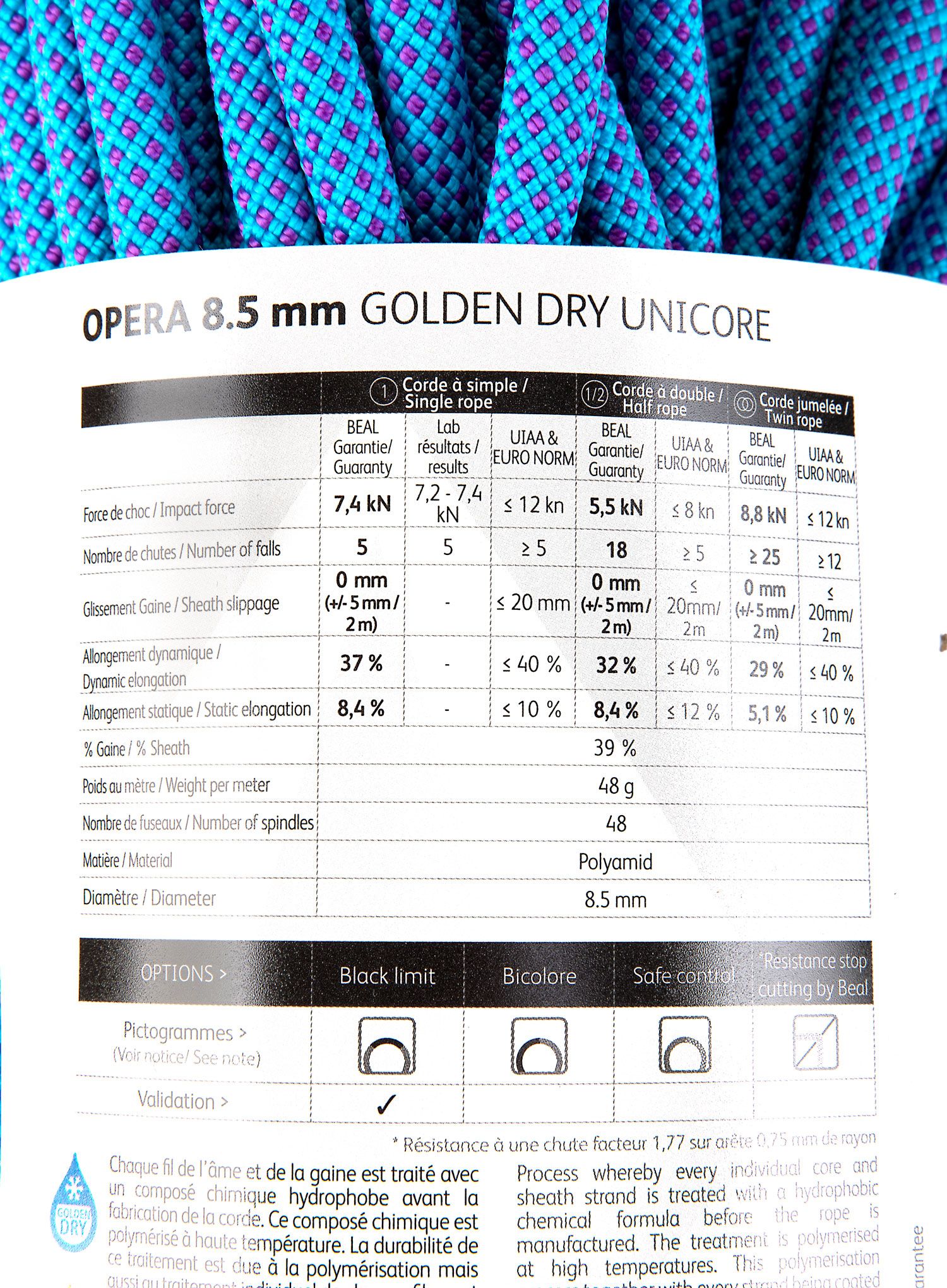 Мотузка для альпінізму Beal Opera 8,5 mm 50 m Unicore Golden Dry - blue