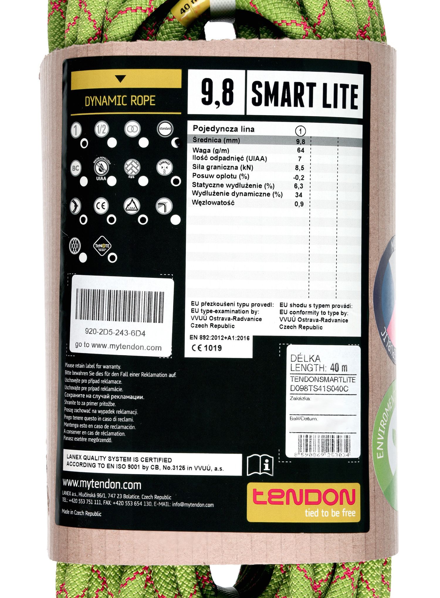 Мотузка для альпінізму Tendon Smart Lite 9,8 mm 40 m - green